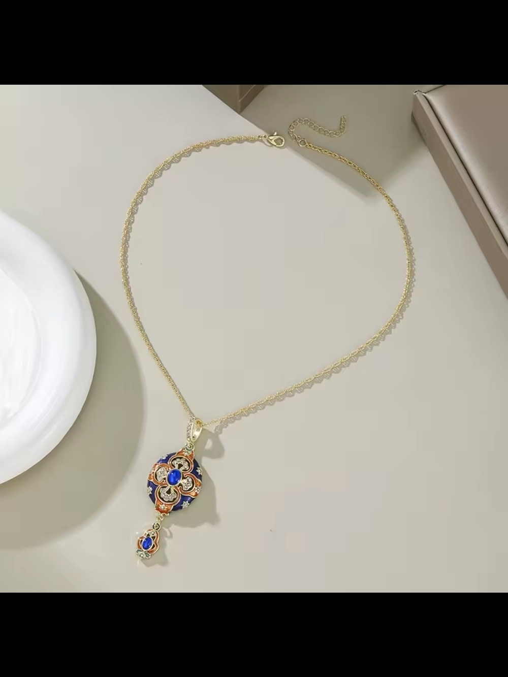 Gold-Tone Blue and Orange Enamel Pendant Necklace - Picture 6 of 6